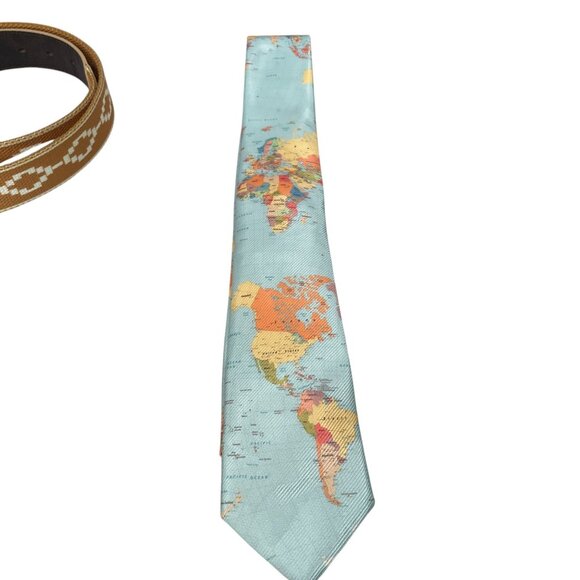 World Map Necktie Tan Woven Belt Elephant Bracelet Gift Set Men Travel Style - Picture 4 of 14